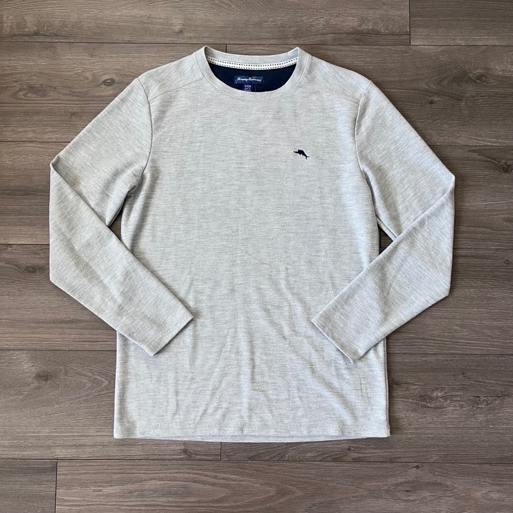 Tommy Bahama Mens Small Gray Long Sleeve Waffle Knit Crewneck Marlin Logo Shirt